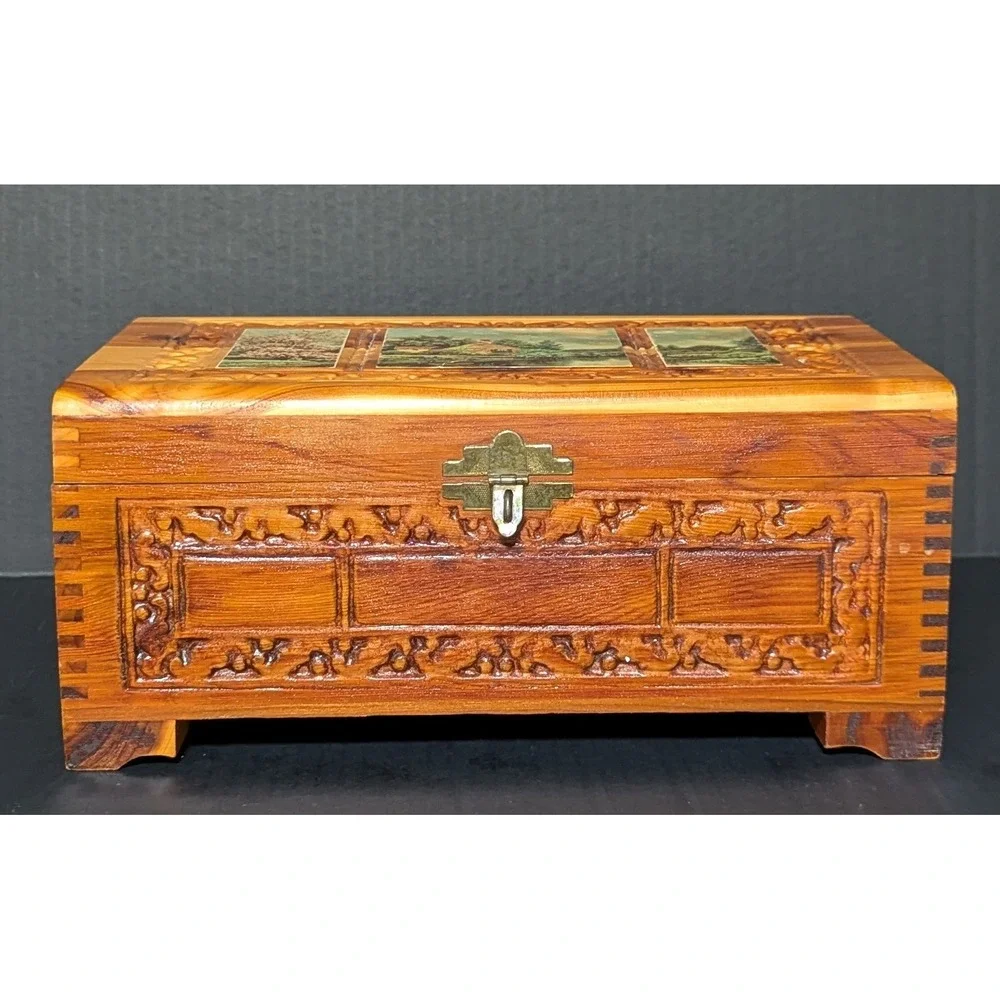 Vintage Hand Carved Cedar Wood Jewelry Keepsake Box Cottage Landscape 11